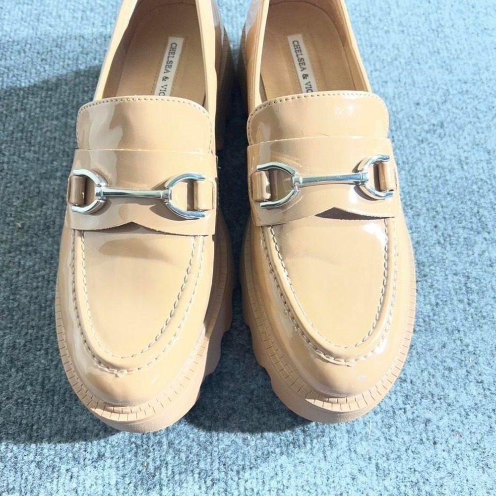 Chelsea & Violet Beige Patent Leather Lug Sole Bit Loafers Womens Platform Shoes